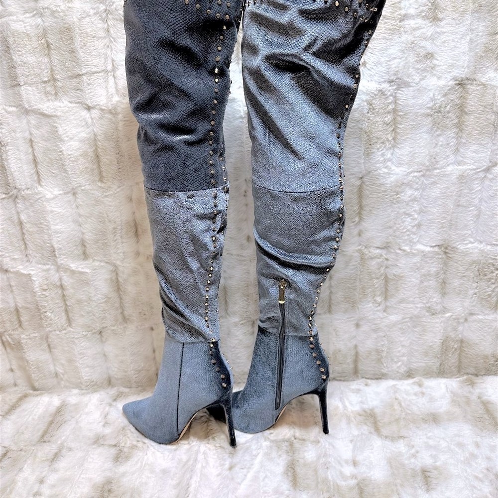 * So Me Blue Studded Thigh High Pointy Toe High Heel Boots - Picture 4 of 11